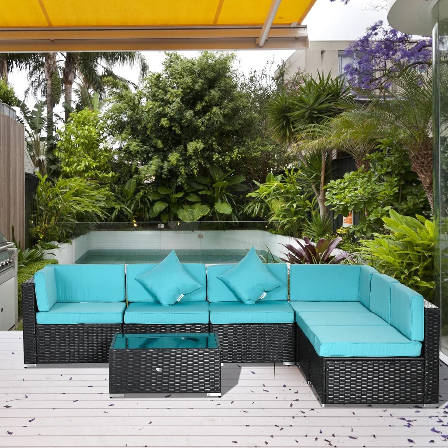 Turquoise Seven-Piece Outdoor Wicker Sectional Sofa Set
