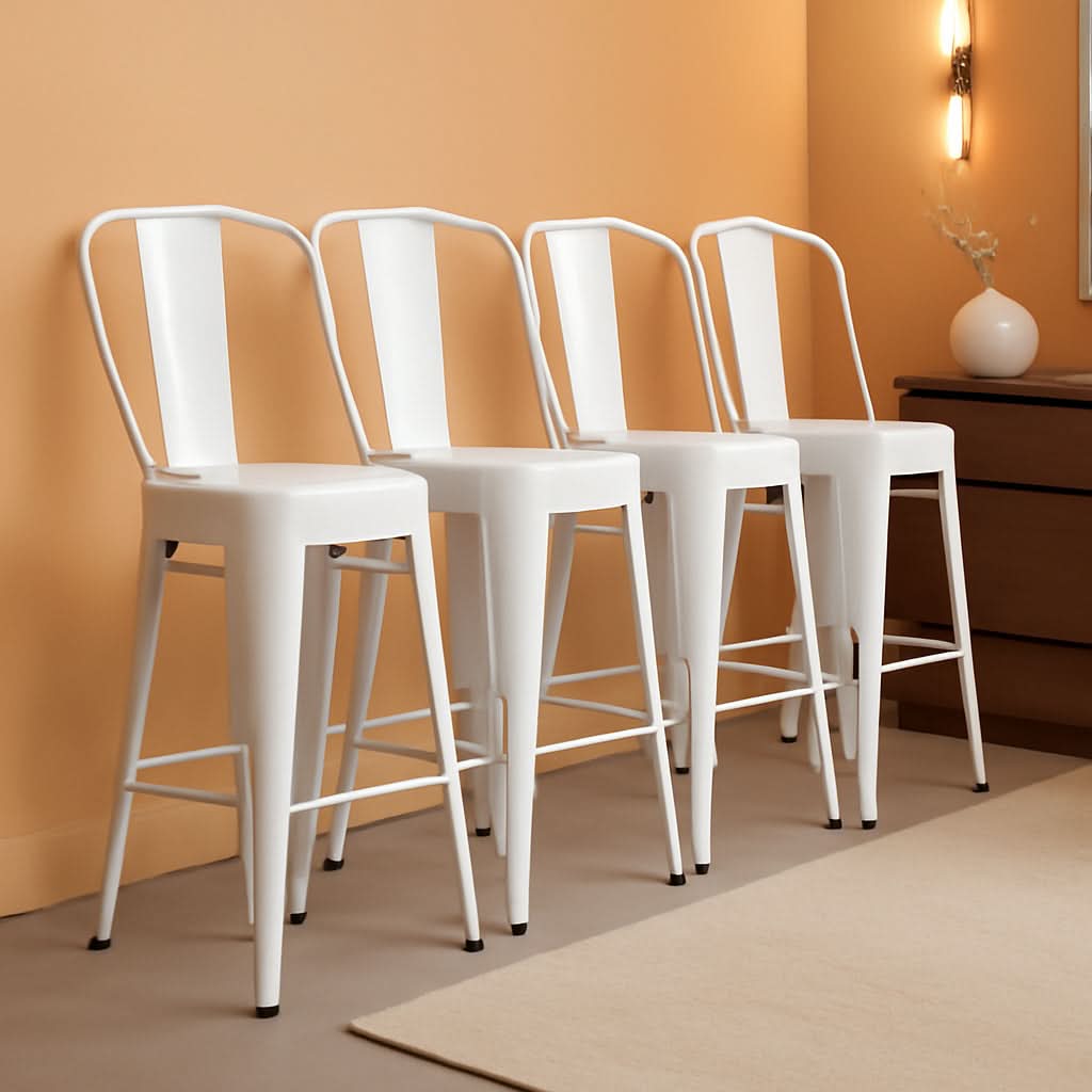 24 Inch Stackable Metal Bar Stool Set Of 4 With Backrest White Matte Finish For Kitchen Island Area