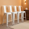 24 Inch Stackable Metal Bar Stool Set Of 4 With Backrest White Matte Finish For Kitchen Island Area