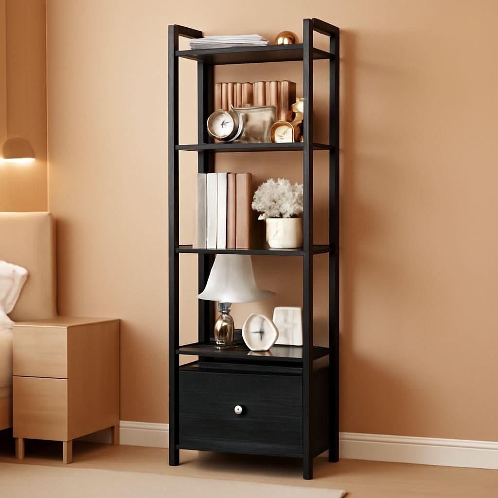 5 Tier Bookshelf With Drawer Black In Modern Rustic Style