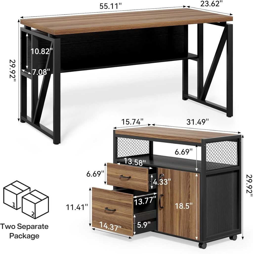 55 Inch L Shaped Desk With File Cabinet Walnut Black