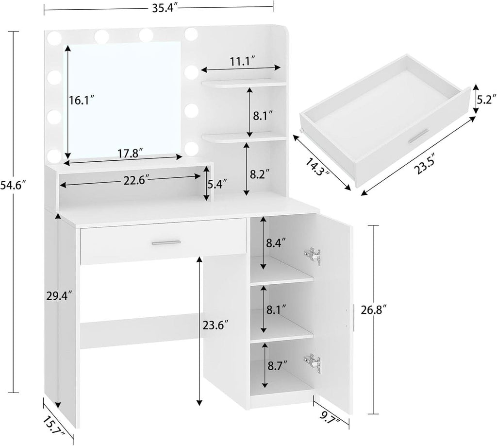 White Vanity Desk With Mirror And Lights Storage Drawers