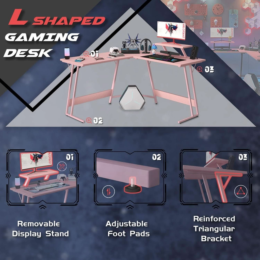 Pink L Shaped Gaming Desk With Monitor Stand 51 Inch Corner Computer Desk