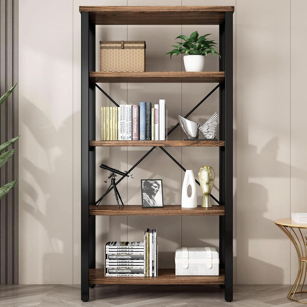5 Tier Industrial Solid Wood Bookcase With Metal Frame