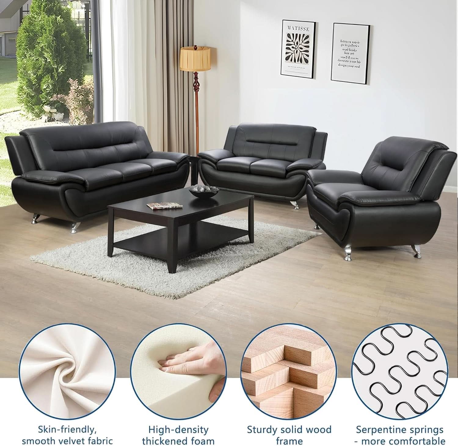 3 Piece Black Sofa Set Modern Living Room Couch Set Sofa Loveseat Chair For Home Decor