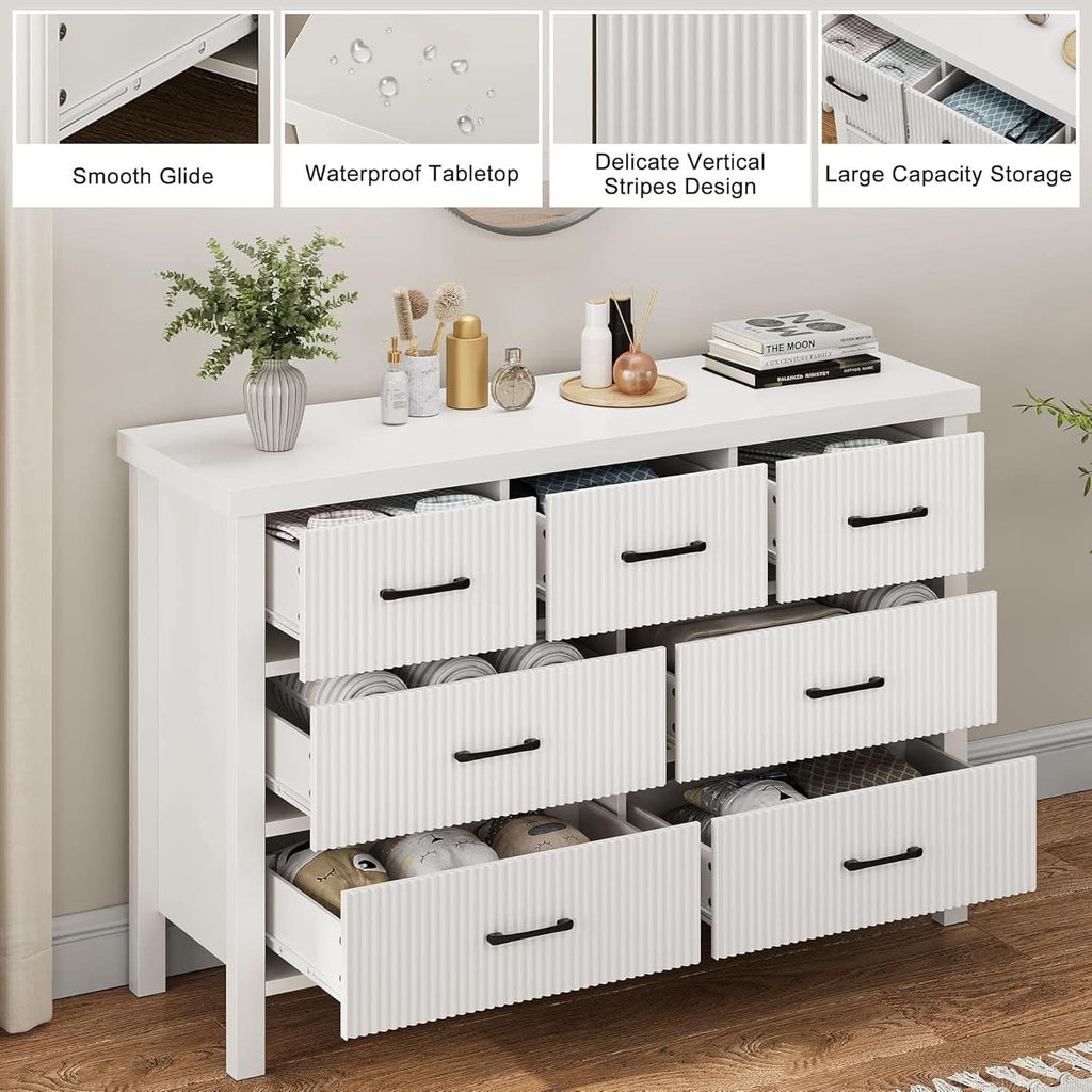 White 7 Drawer Dresser With Modern Fluted Panels And Solid Wood Legs