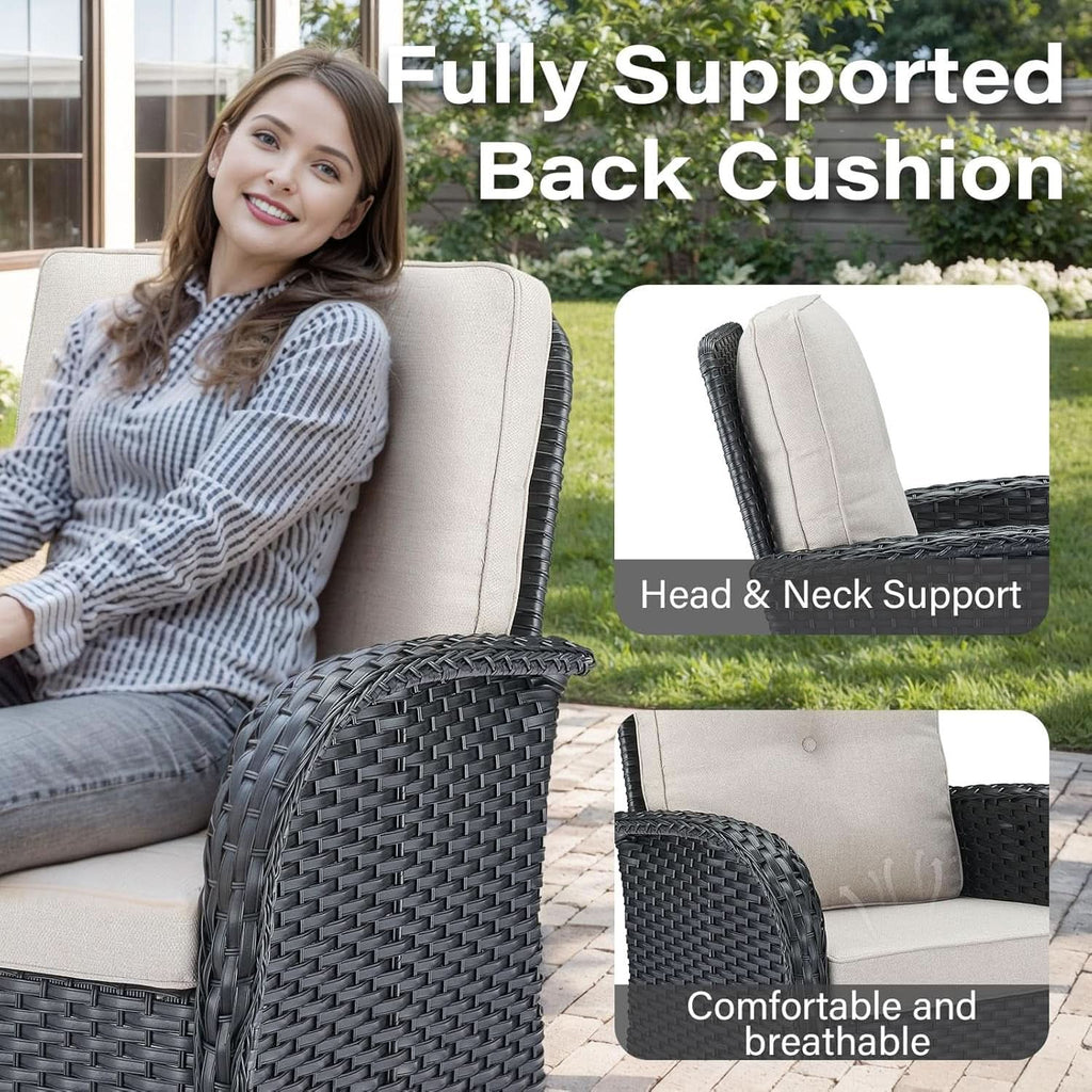 3 Piece Black Wicker Patio Furniture Set With Swivel Rocker Chairs And Side Table Beige Cushions