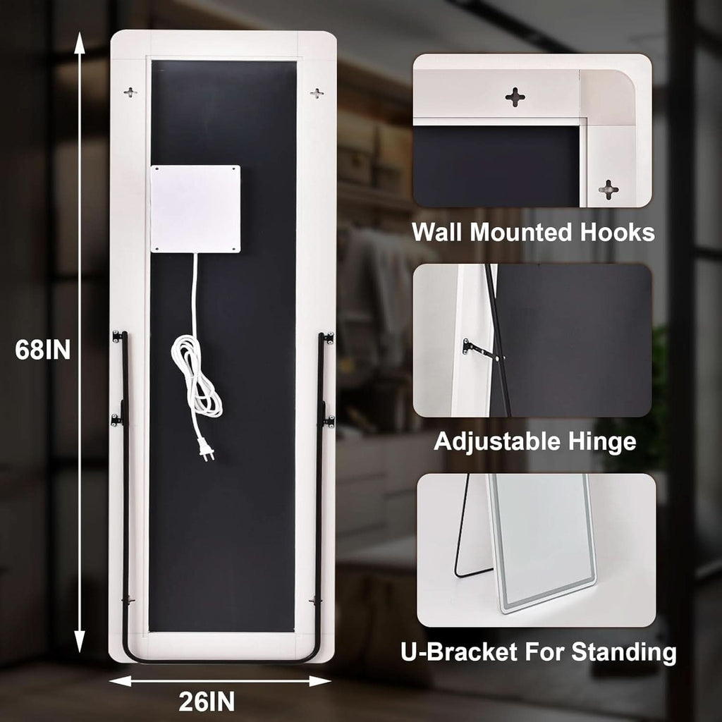26x68 Inch Full Length Mirror With Lights LED Dimmable 3 Color Floor Standing Or Wall Hanging
