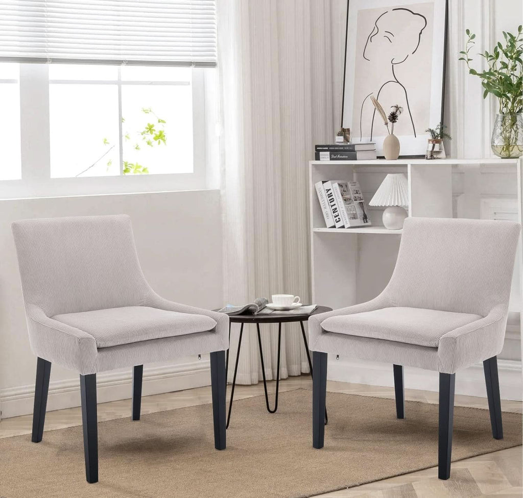 Beige Corduroy Upholstered Dining Chairs Set Of 2 With Wood Legs