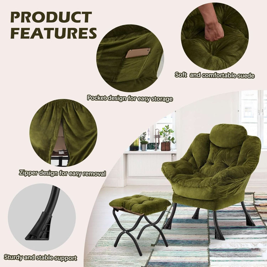 Plush Green Folding Ottoman Lounge Chair With Footrest