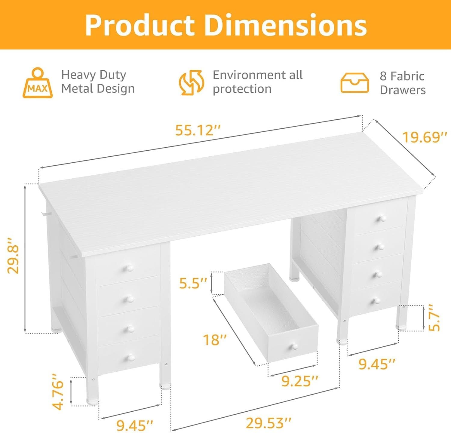 White 55 Inch Computer Desk With 8 Fabric Drawers Storage