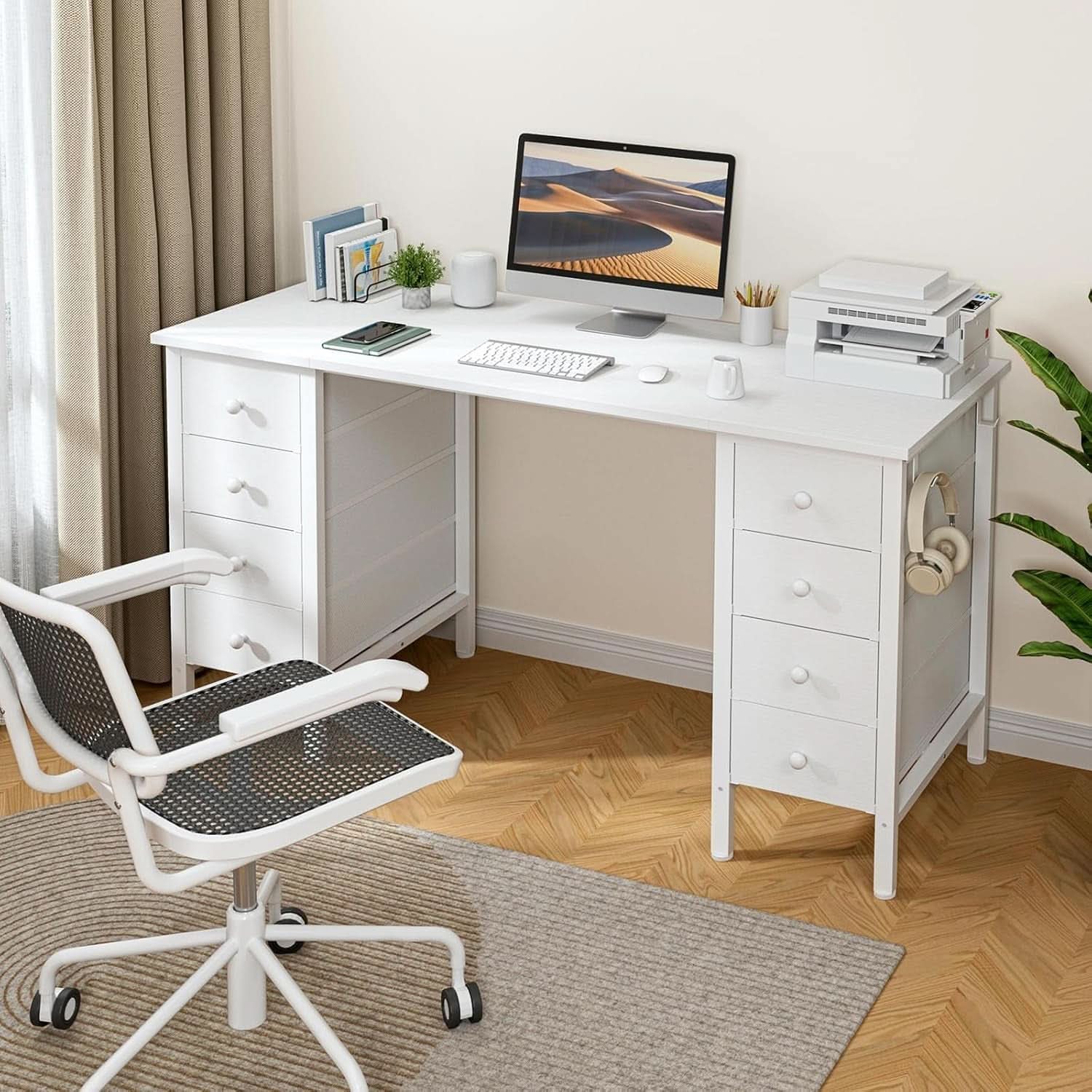White 55 Inch Computer Desk With 8 Fabric Drawers Storage