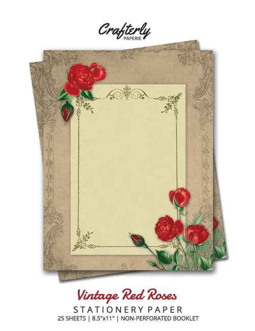 Vintage Red Roses Stationery Paper: Antique Letter Writing Paper for Home, Office, 25 Sheets (Border Paper Design) - Paperback