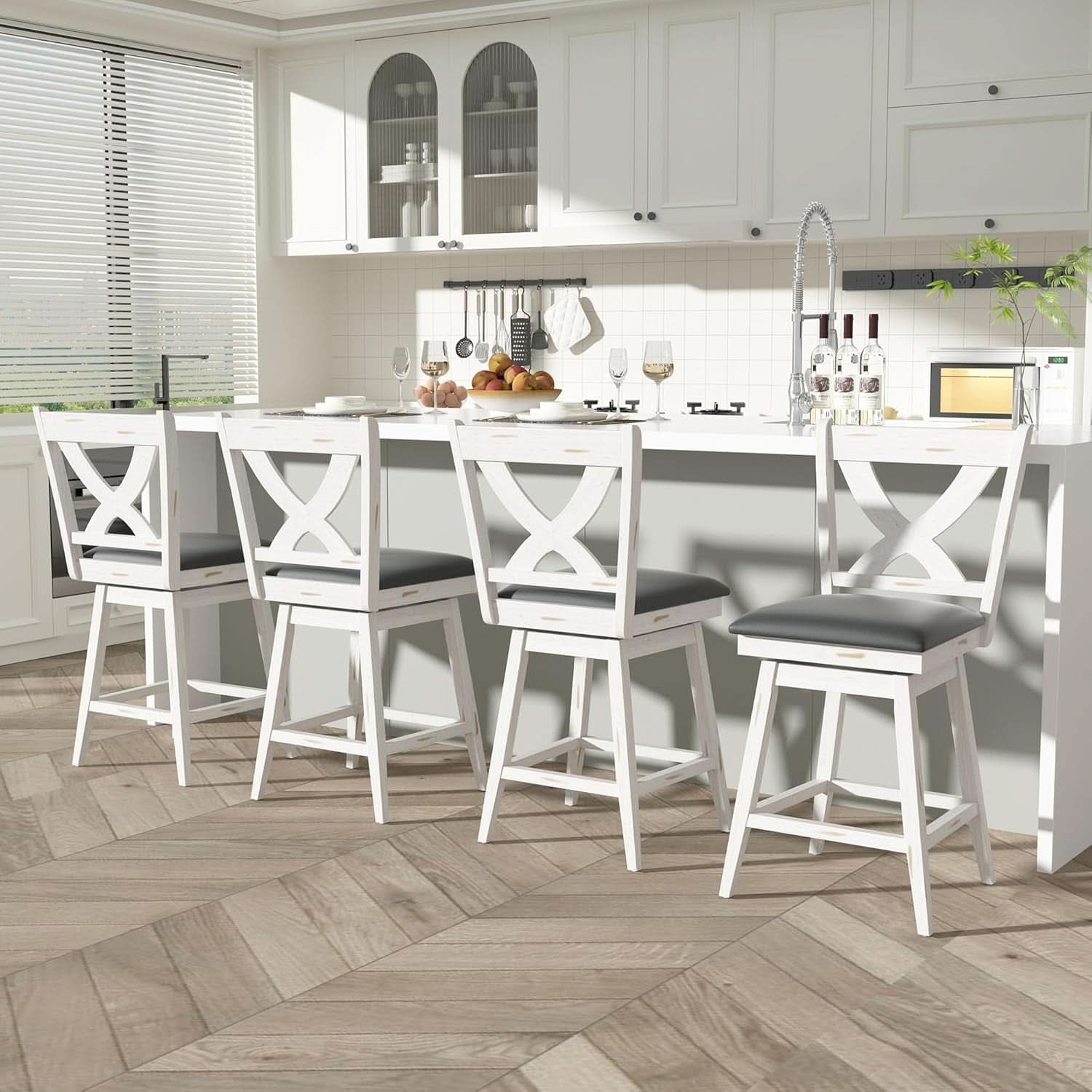 24 Inch Counter Height Bar Stools With 360 Degree Swivel And Grey Faux Leather Seat