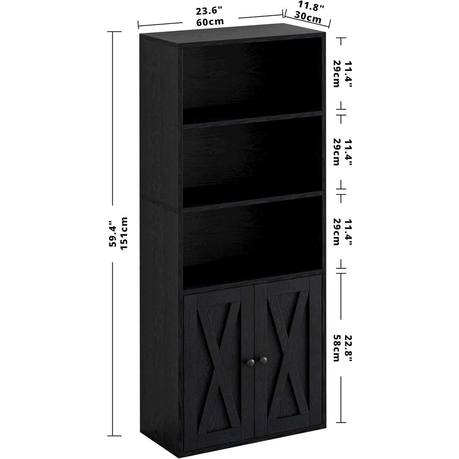 Industrial Bookshelf With Doors 11.8 Inch Depth 5 Shelves
