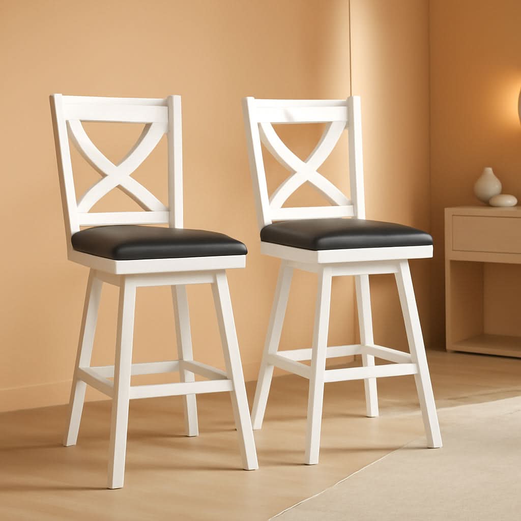 29 Inch Swivel Bar Stool With Grey Faux Leather Upholstery Antique White Wood Frame And Solid Wood Footrest Set Of 2