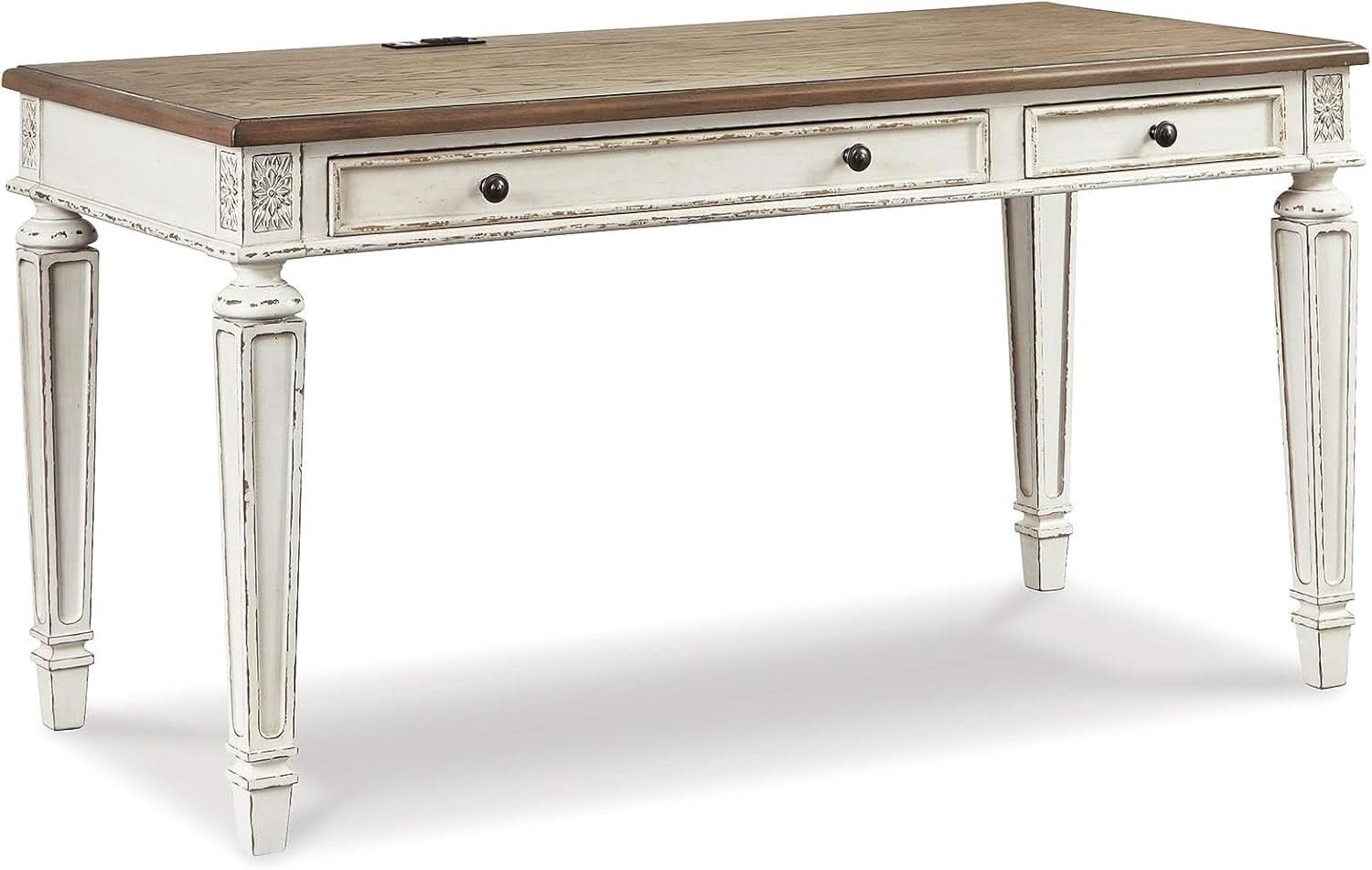 Realyn Farmhouse 60 Inch Home Office Desk With USB Charging Chipped White