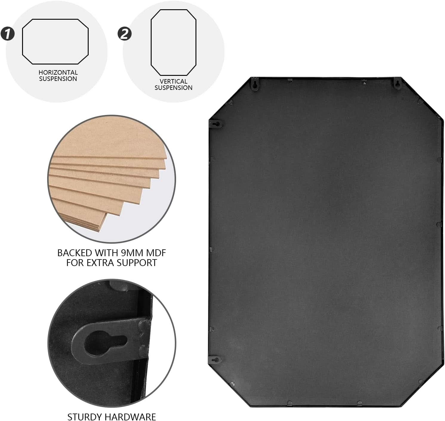 Octagon Black Wall Mirror 20x28 Metal Framed Wall Mounted