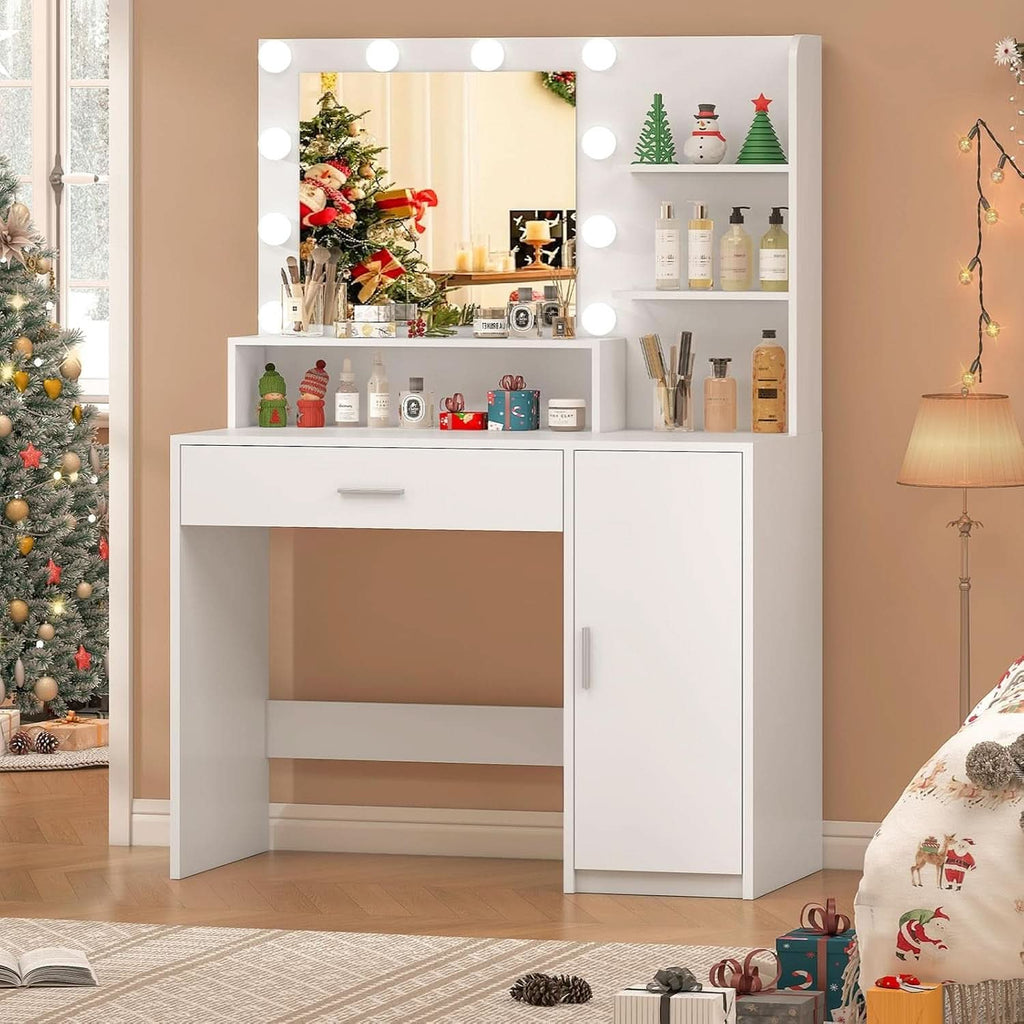 White Vanity Desk With Mirror And Lights Storage Drawers