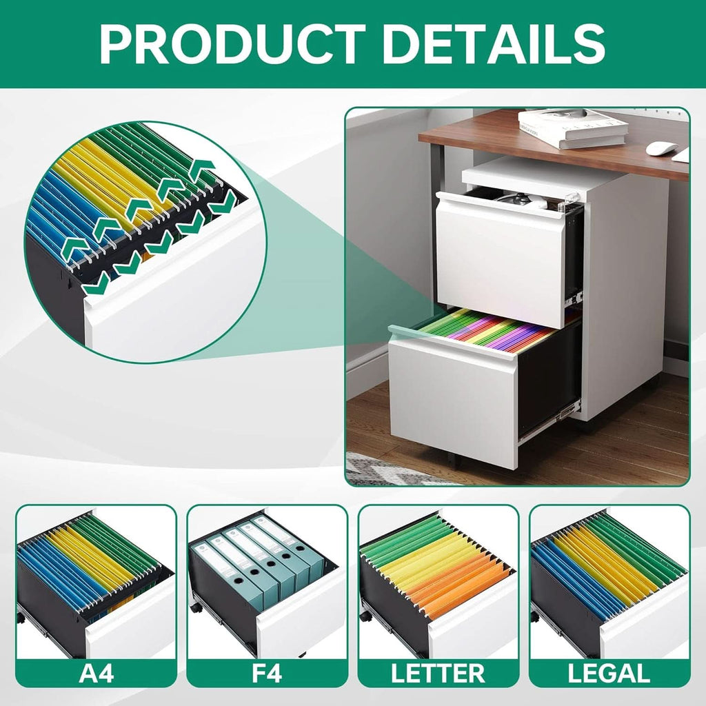 2 Drawer Mobile File Cabinet With Lock For Under Desk Use White Metal Filing Cabinet