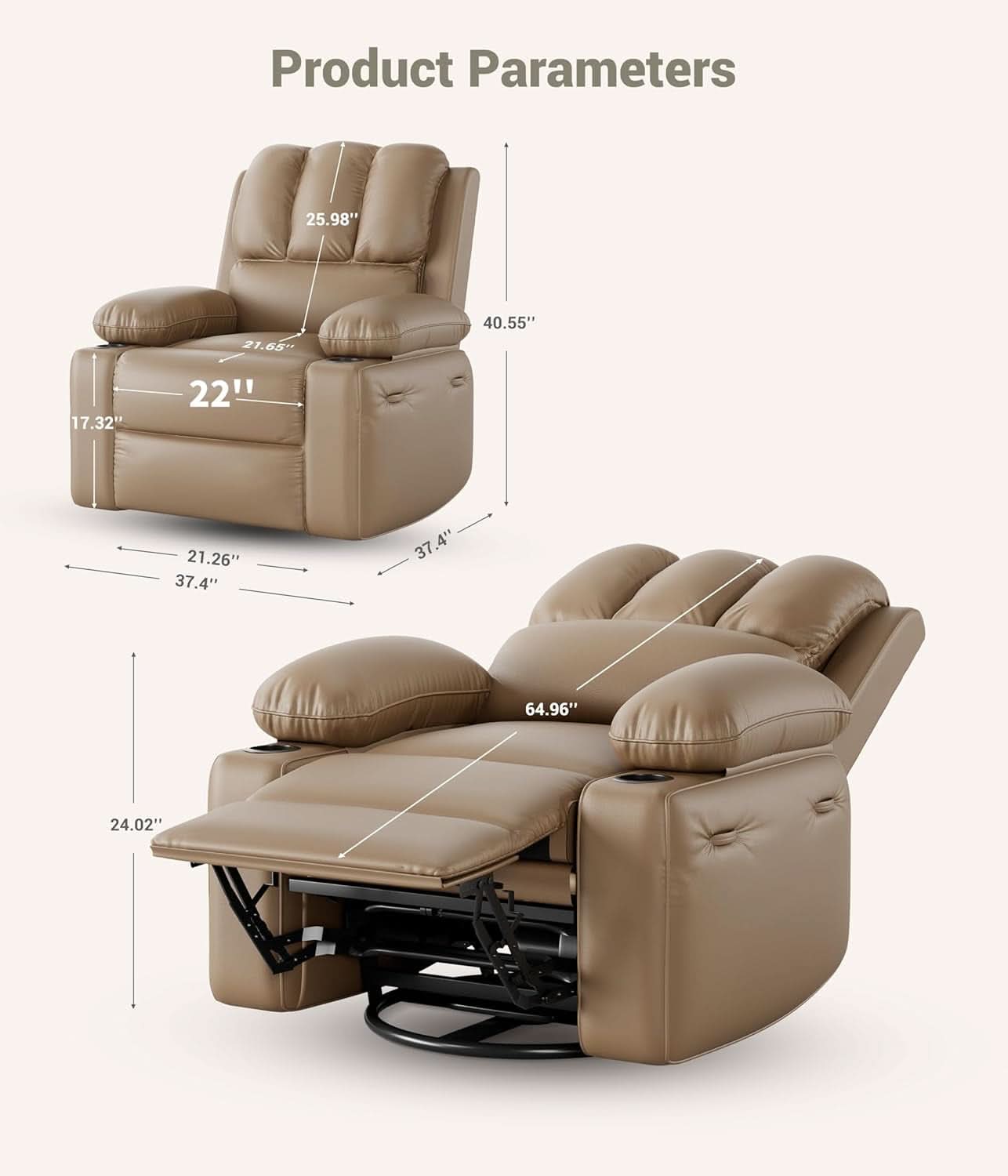 22 Inch Rocker Swivel Recliner Chair With Cup Holder Soft Sponge Filling For Comfort In Living Room And Nursery