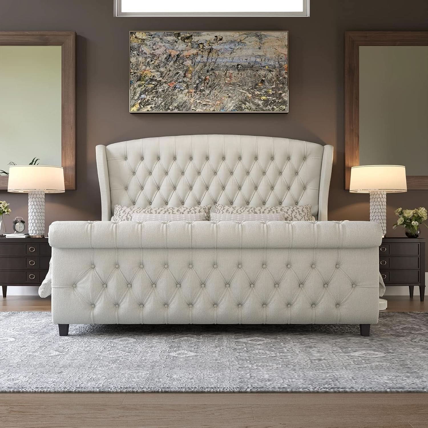 Queen Size Chenille Upholstered Sleigh Platform Bed with Button Tufted Headboard