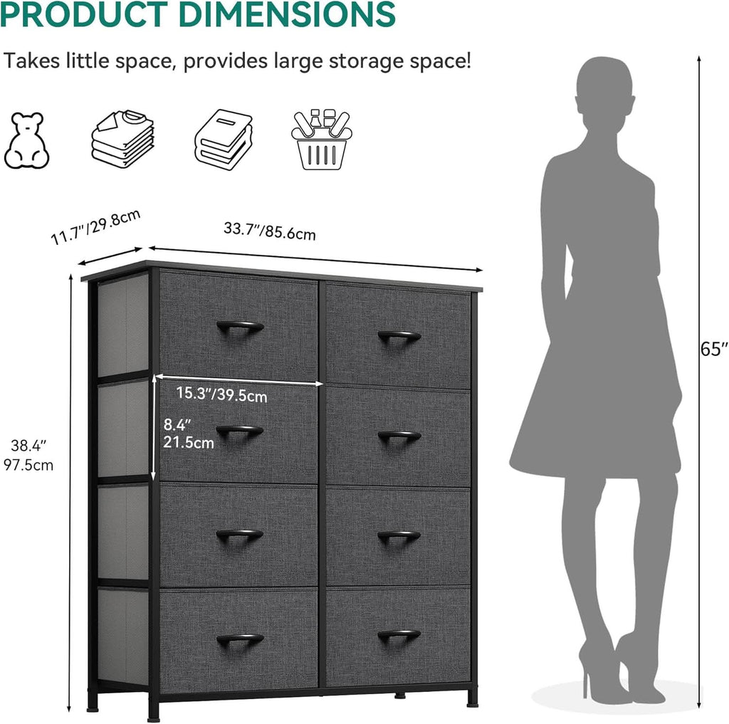 Tall Dresser With 8 Drawers And Fabric Bins For Bedroom