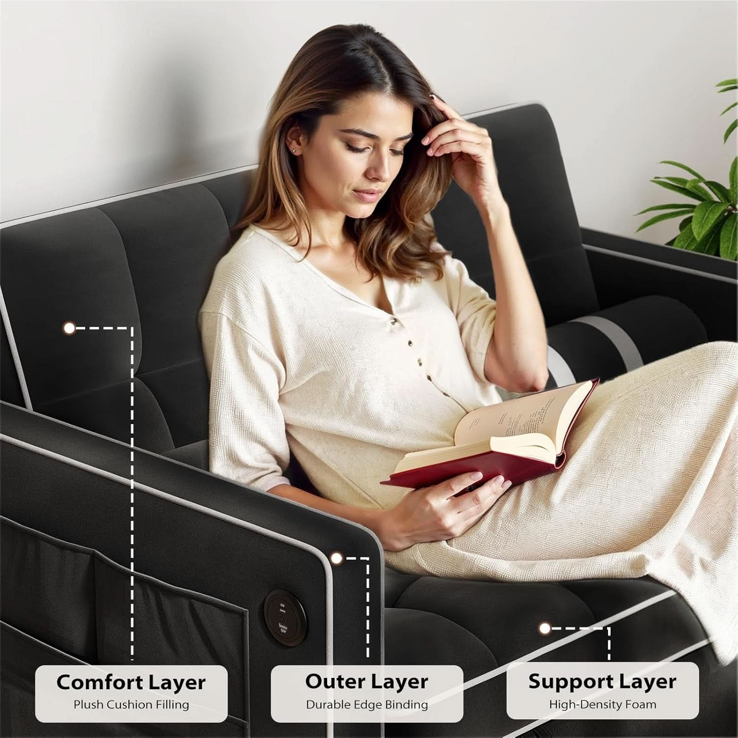 Charcoal Velvet Multifunctional Sleeper Sofa Bed USB