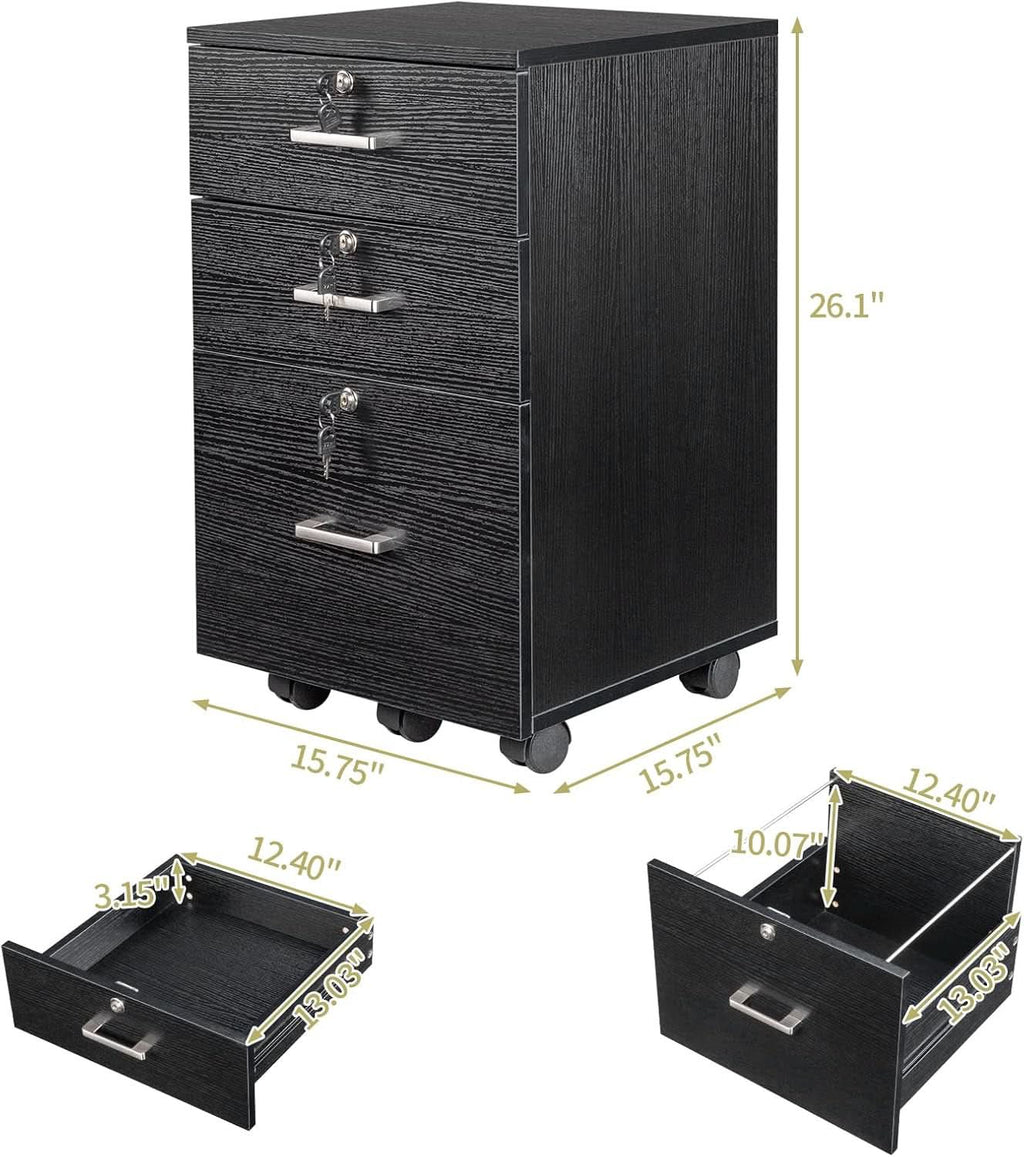 26 Inch High 3 Drawer File Cabinet With Lock On Wheels Wood Black Finish For Home Office For Letter Size Folders