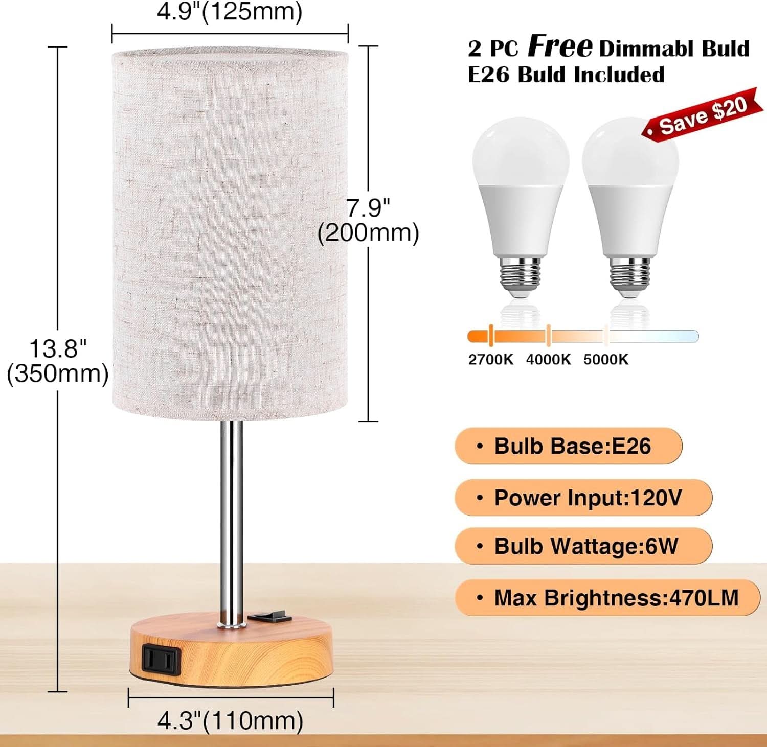 Bedside Table Lamp Set Of 2 Dimmable Three Way AC Outlet