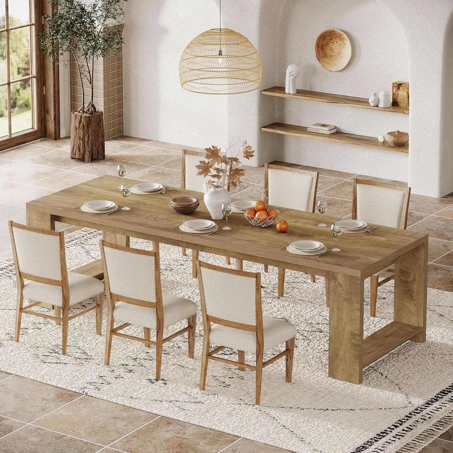 Oak 86 Inch Long Narrow Dining Table With Pedestal Base