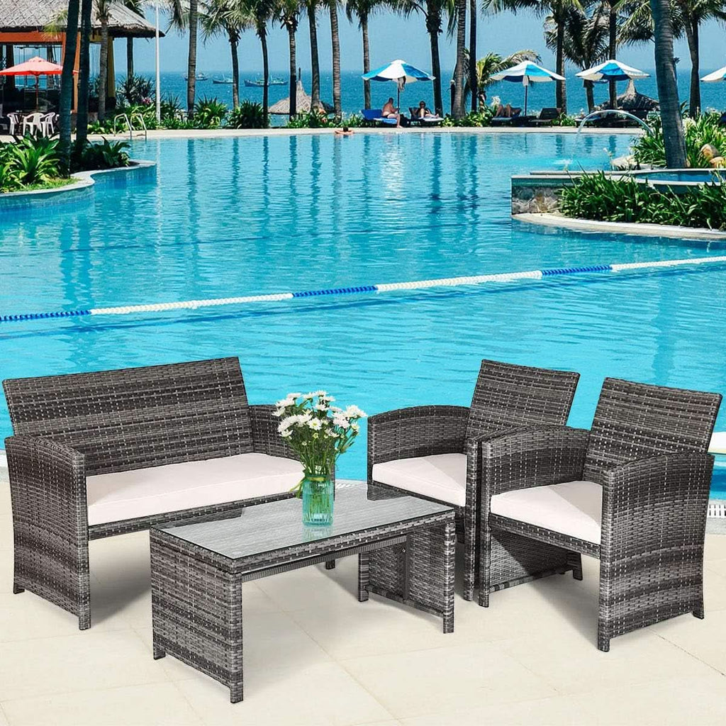 4 Piece Wicker Patio Conversation Set With Soft Cushions