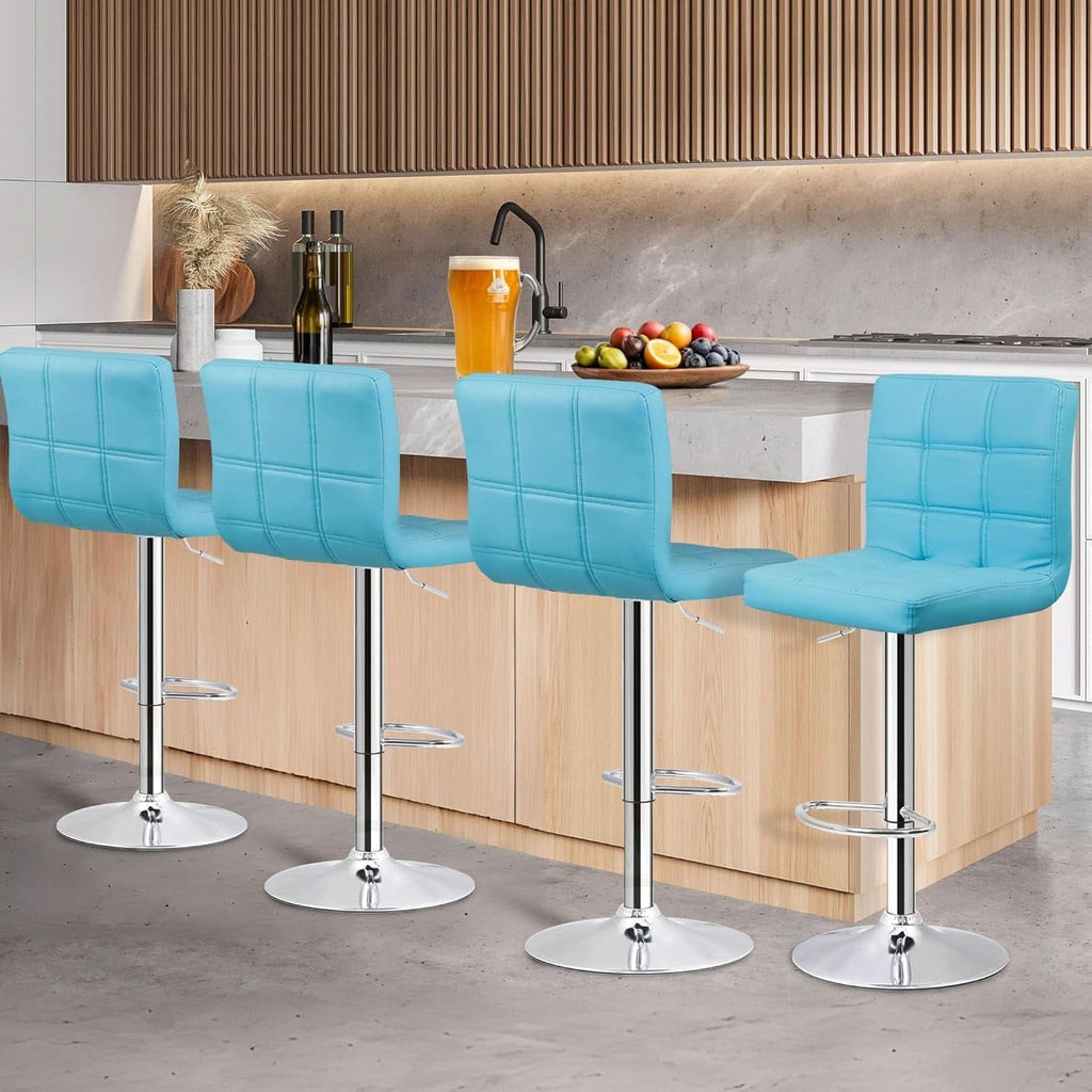 Set Of 4 Adjustable Swivel Bar Stools Blue PU Leather