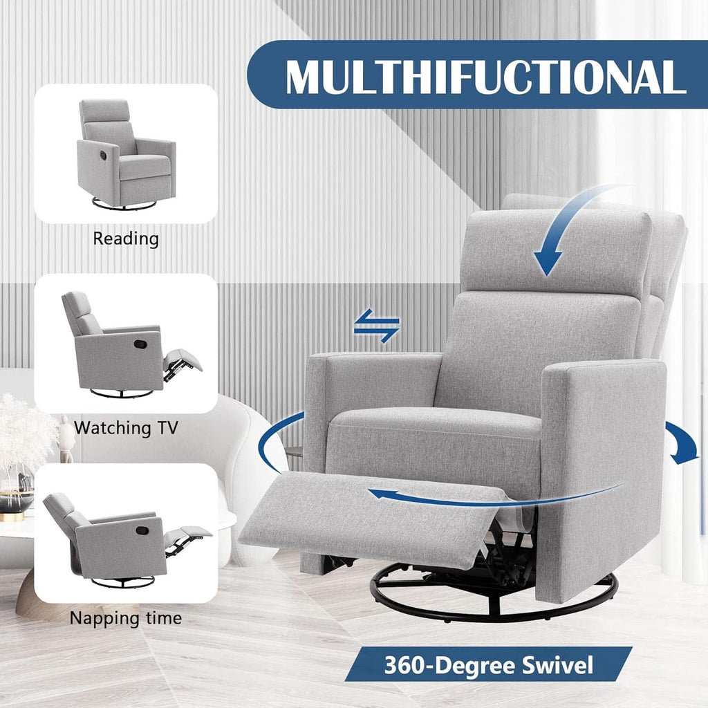 Gray Swivel Recliner Chair With Glider And Headrest