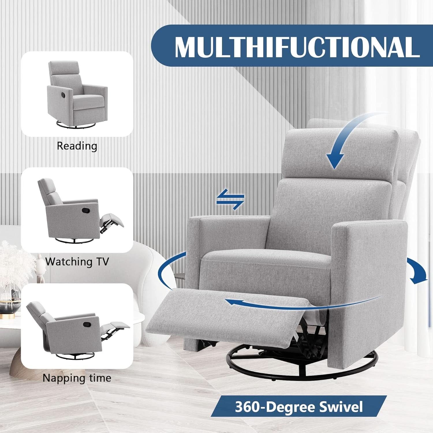 Gray Swivel Recliner Chair With Glider And Headrest