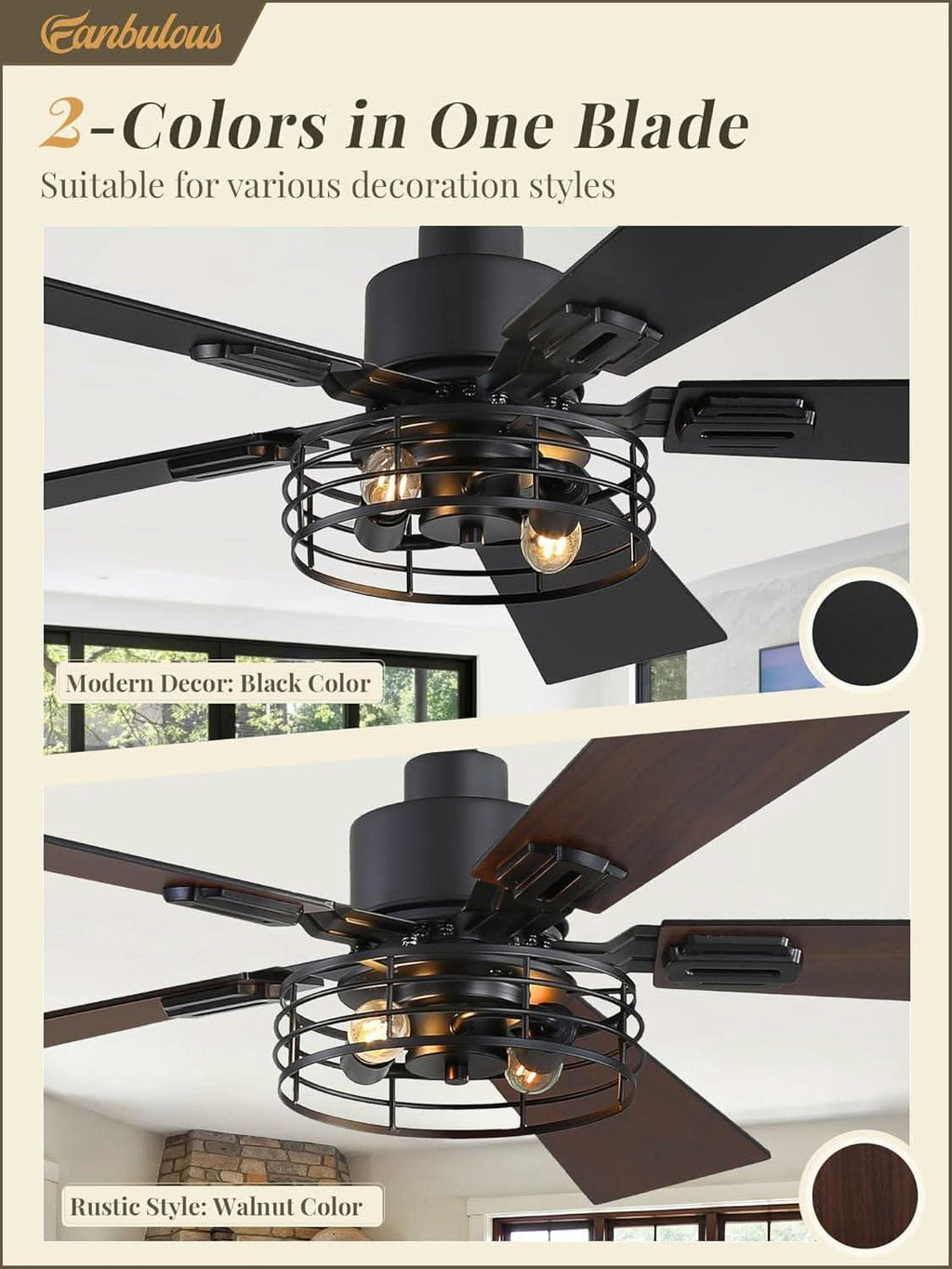 42 Inch Farmhouse Ceiling Fan With Lights Black Cage 2 Pack