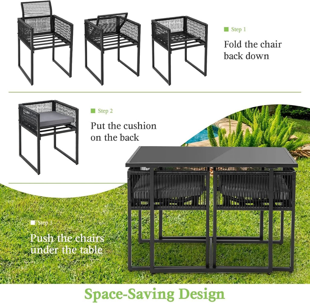 3 Piece Outdoor Dining Set With Folding Backrests And Tempered Glass Tabletop For Patio And Poolside