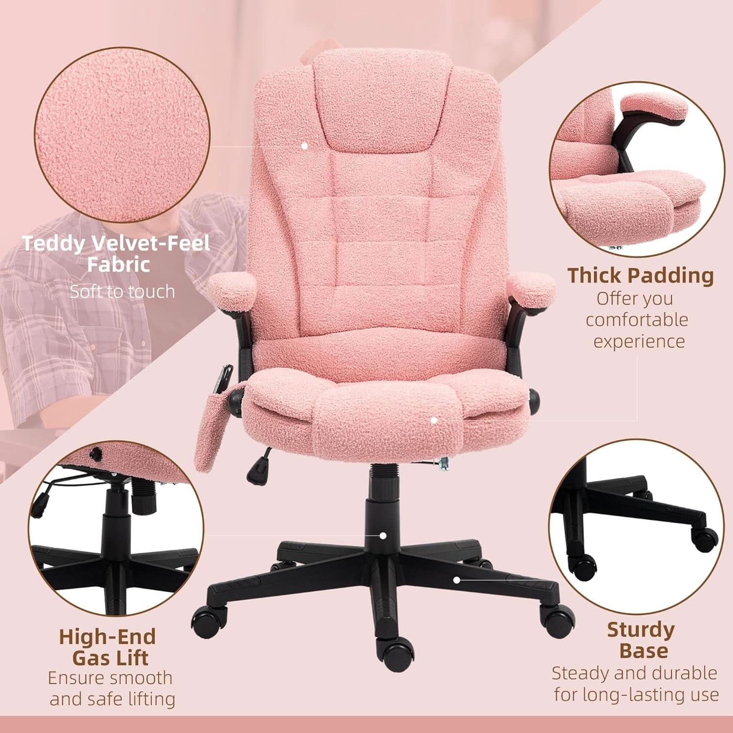 Pink Velvet Heated Massage Office Chair With Reclining Back