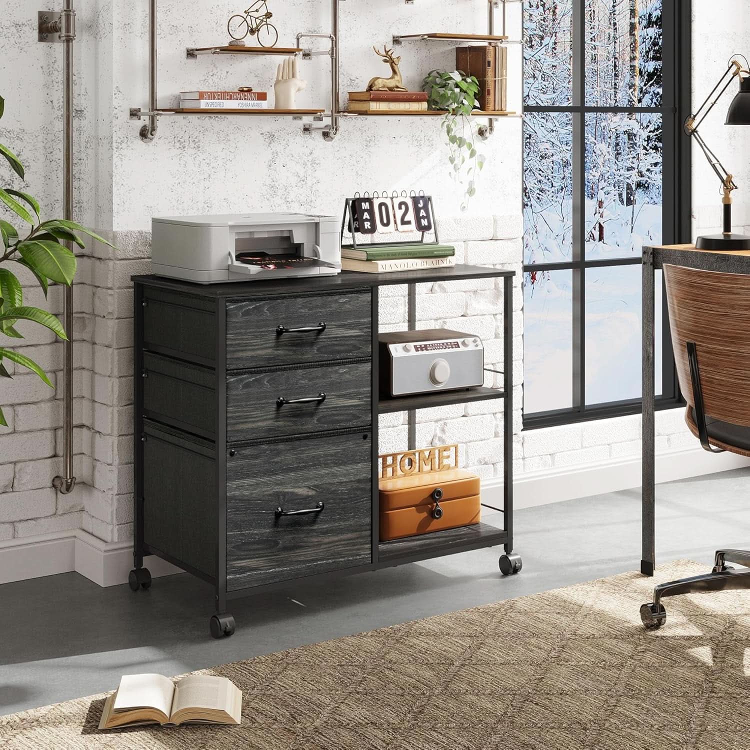 Three Drawer Mobile File Cabinet With Open Storage Shelf Charcoal Black Wood Grain