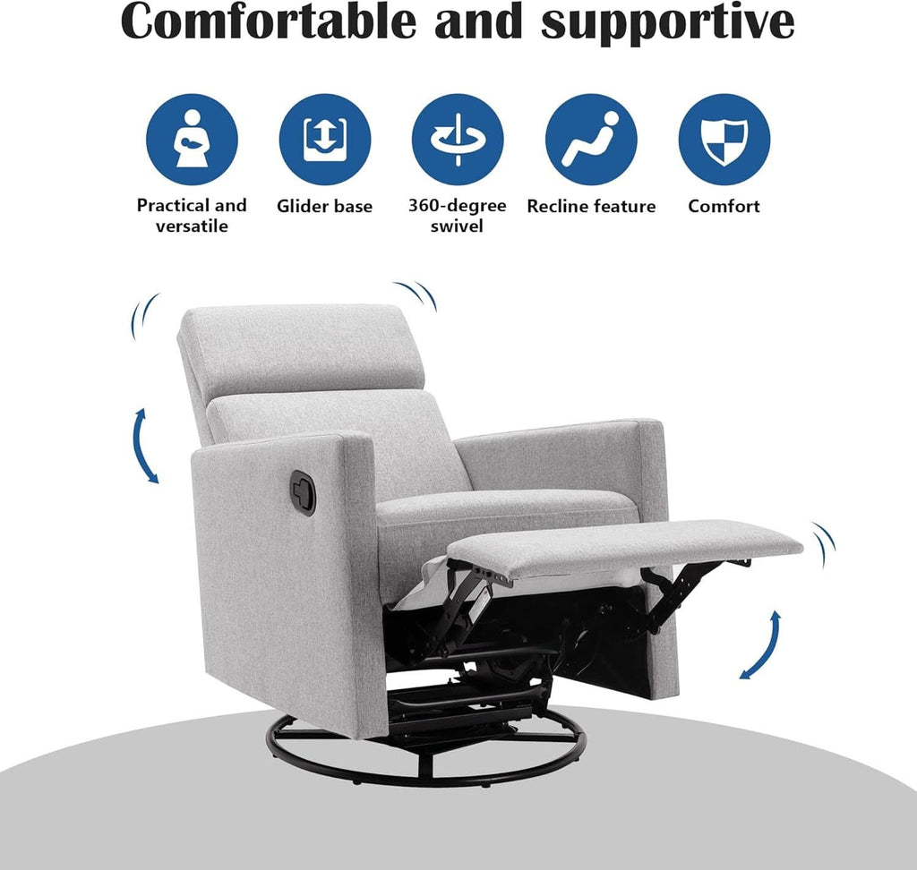 Gray Swivel Recliner Chair With Glider And Headrest