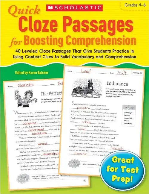 Quick Cloze Passages for Boosting Comprehension: Grades 4-6: 40 Leveled Cloze Passages That Give Students Practice in Using Context Clues to Build Voc - Paperback