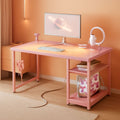 40 Inch Pink Gaming Desk With Led Lights And Power Outlet