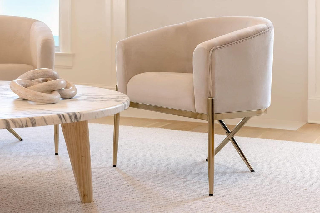 Ivory Velvet Arm Chair With Gold Legs Upholstered Easy Clean