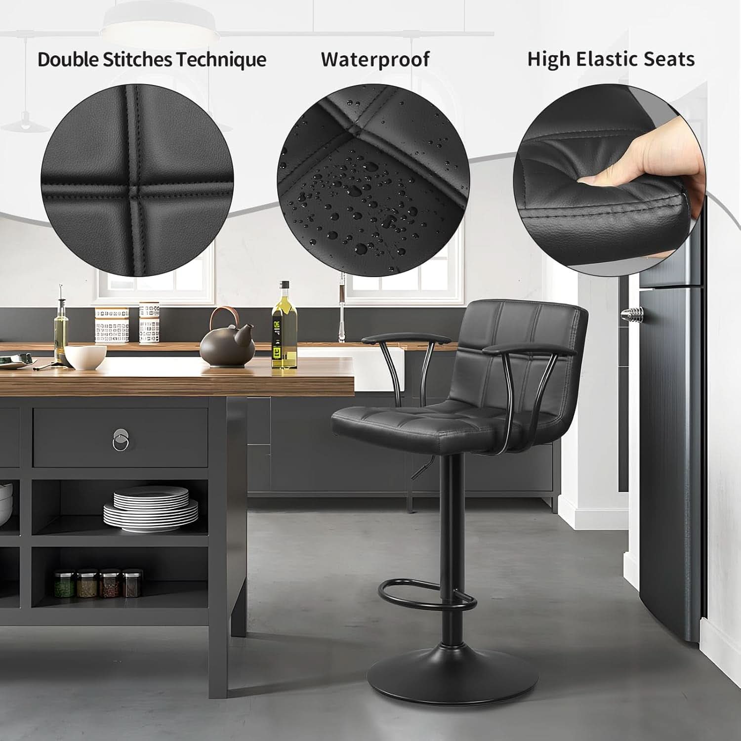 Bar Stools Set Of 2 Adjustable Swivel Black PU Leather Back