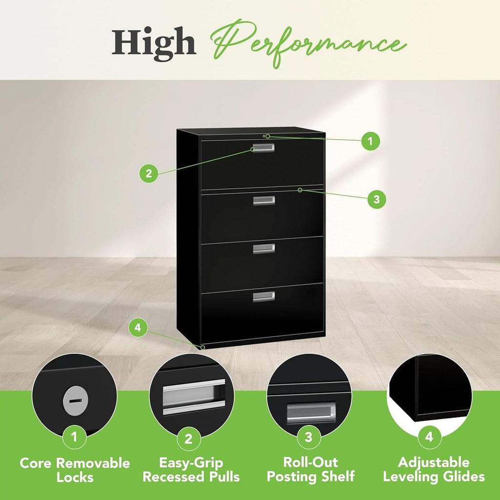 Lateral File Cabinet 4 Drawer Black Metal Office Storage