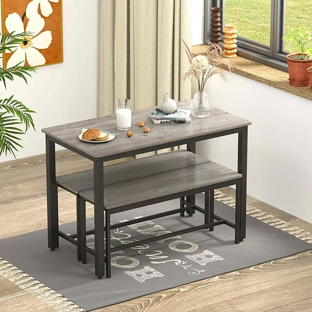 Grey Dining Table Set For 4 With 2 Benches 3 Piece Chairs