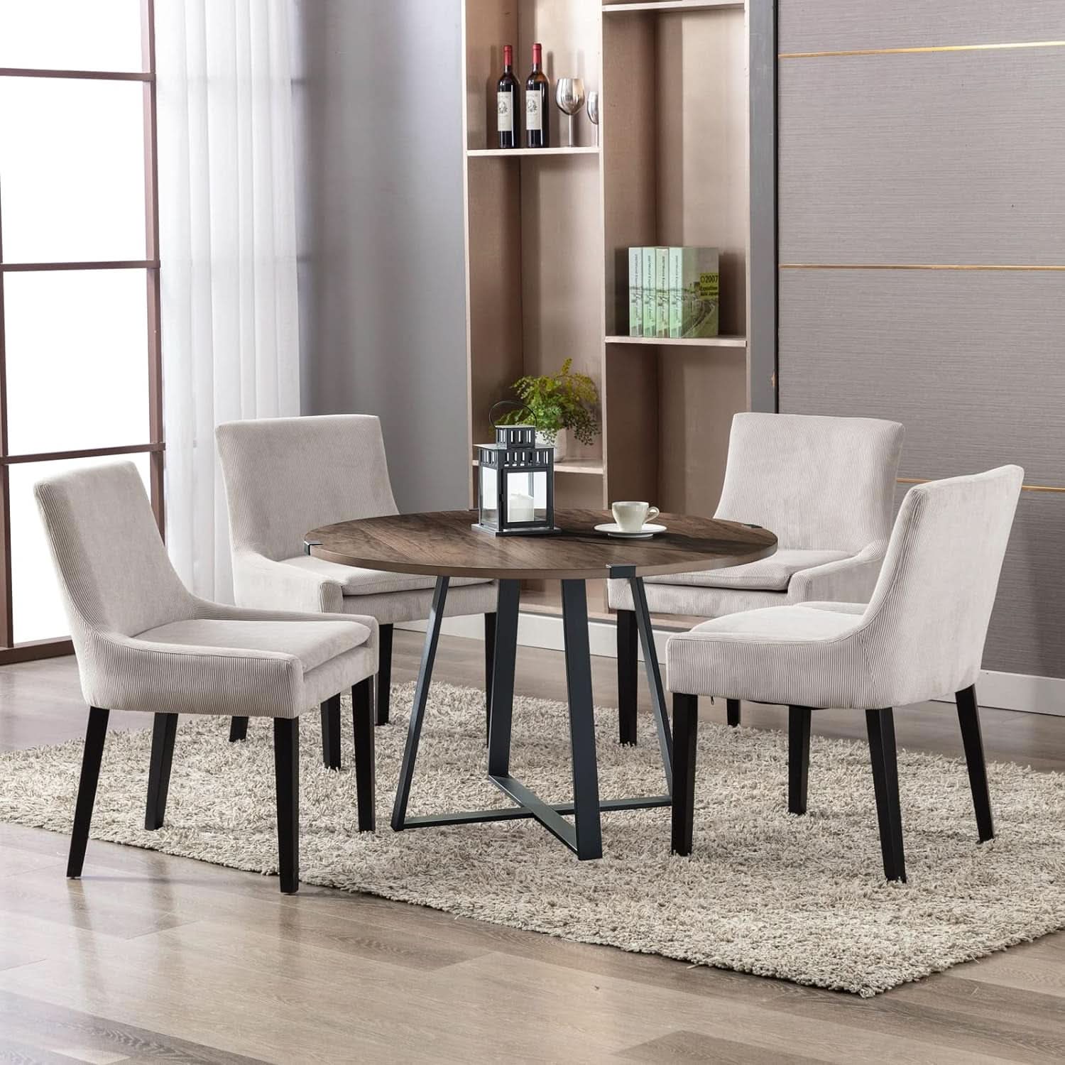 Beige Corduroy Upholstered Dining Chairs Set Of 2 With Wood Legs