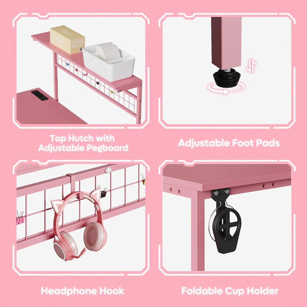 51 Inch L Shaped Gaming Desk Pink With Power Outlets And LED Lights