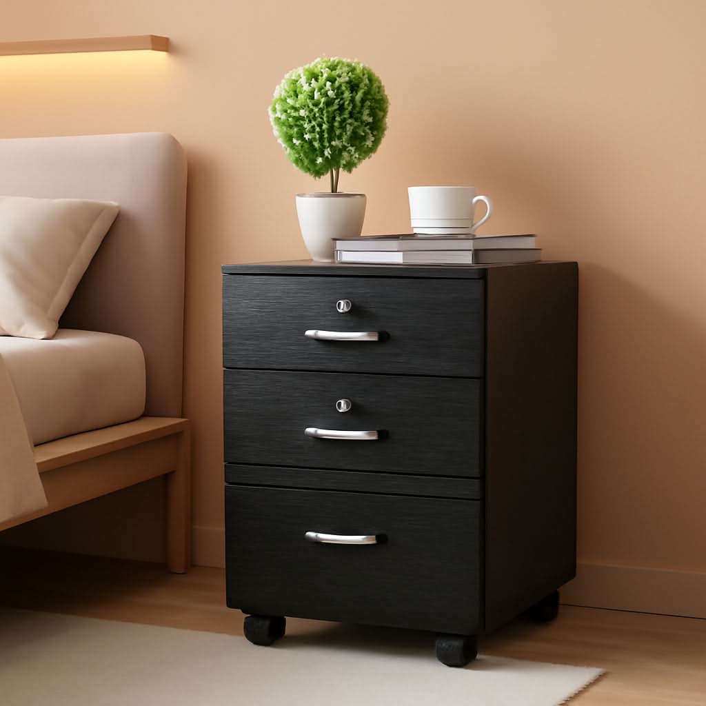 26 Inch High 3 Drawer File Cabinet With Lock On Wheels Wood Black Finish For Home Office For Letter Size Folders