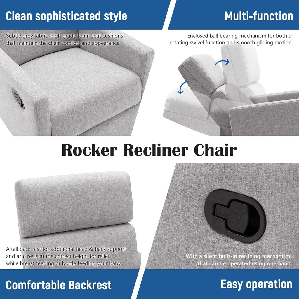Gray Swivel Recliner Chair With Glider And Headrest